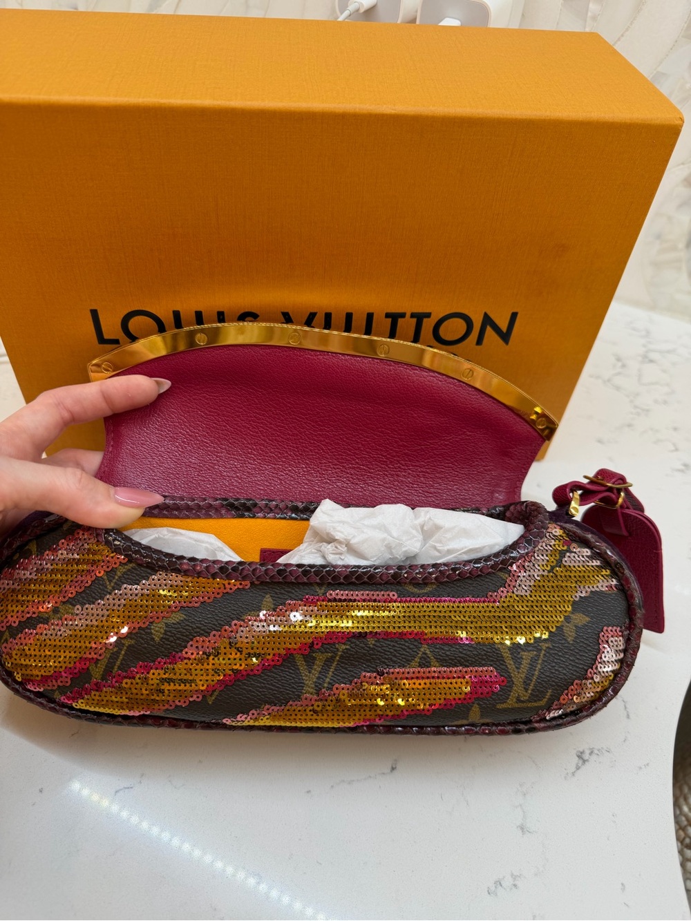 Louis Vuitton Magenta pink Sequin-Embellished Monogram Clutch with python Trim. - Picture 10 of 13
